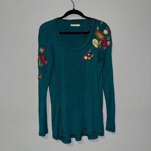 Caite Womens Teal Floral Embroidered‎ Long Sleeve Scoop Neck Knit Top Large